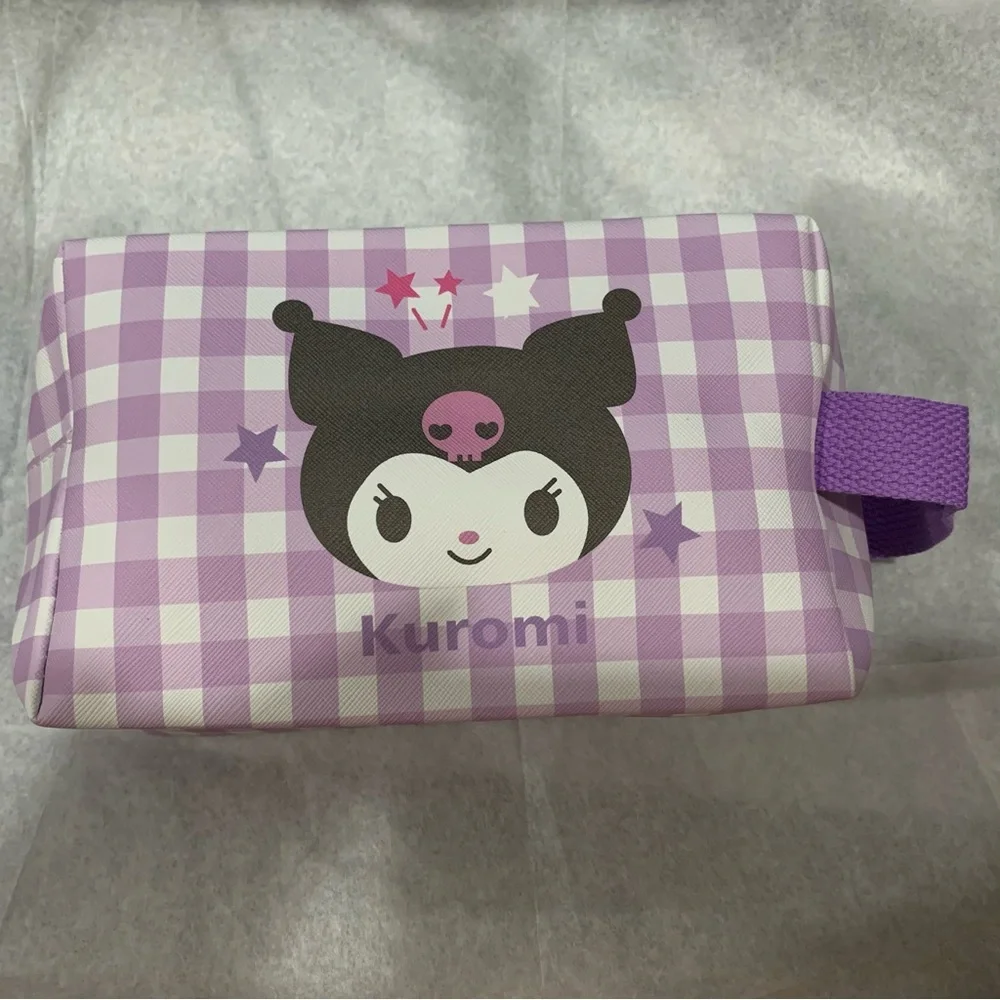 Kuromi Purple and White Gingham Check Zip Make Up Bag Pouch with Side Handle